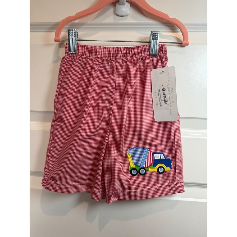 20. Claire & Charlie Boys Red Gingham Cement Mixer Applique Shorts Size 5 NEW